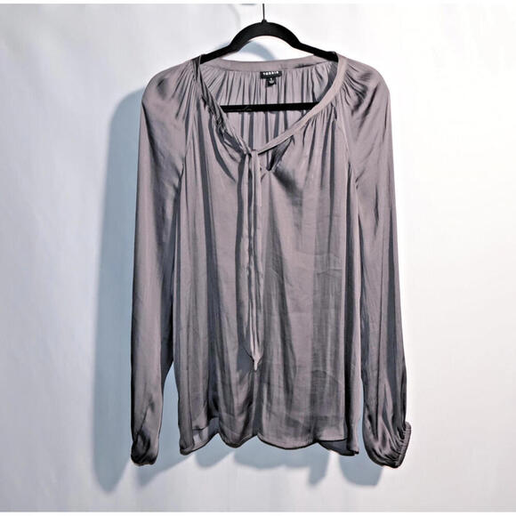 Torrid Satin Tie-Front Peasant Blouse Gray Long Sleeve 1X Corp Core Office Siren - Picture 1 of 6